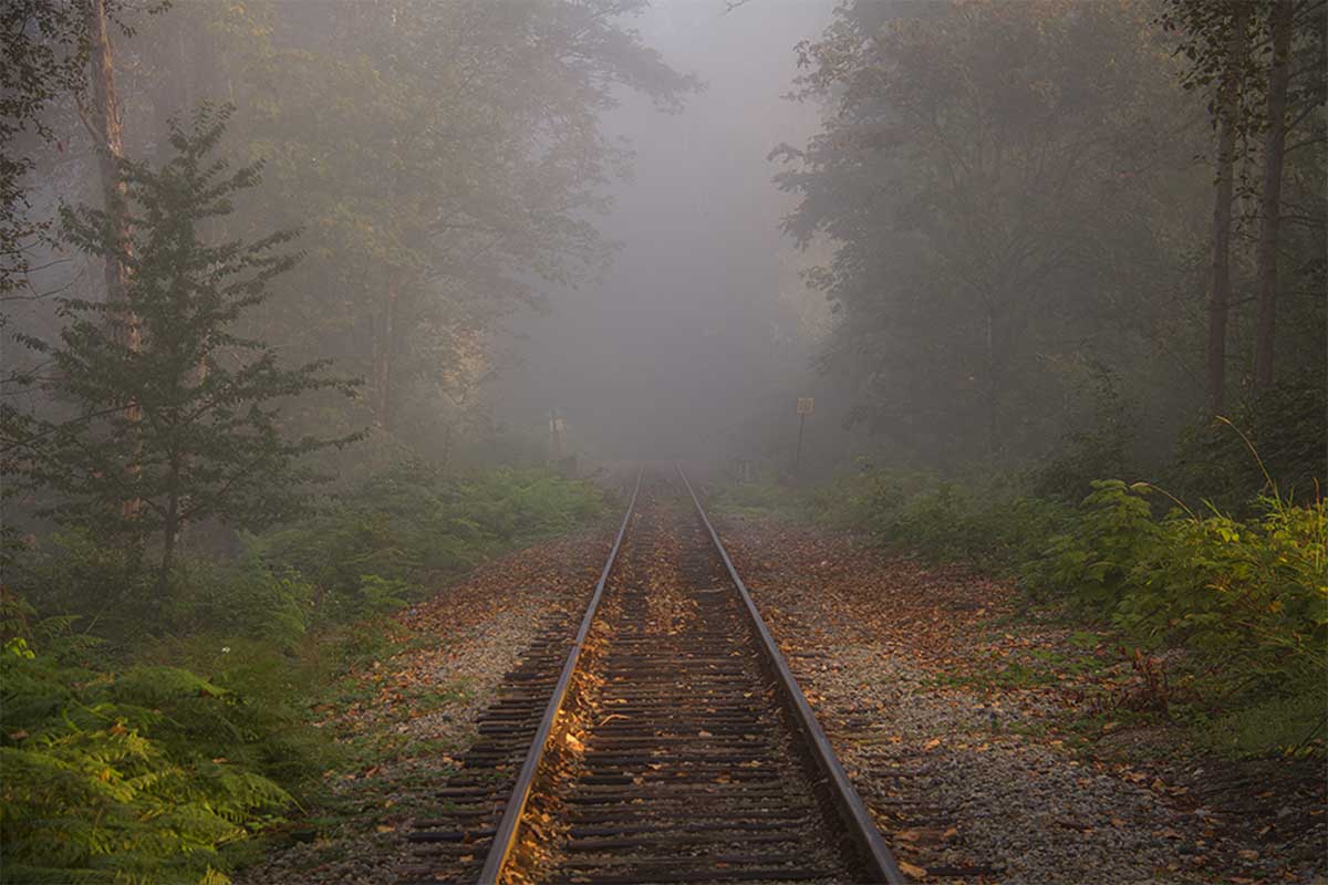 train tracks through fog